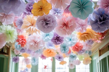 pastel-colored paper flowers hanging from the ceiling