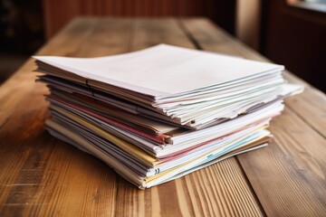 stack of freshly printed scripts on an old wooden table - obrazy, fototapety, plakaty