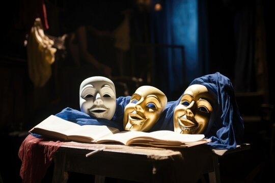 theatre masks resting on a script