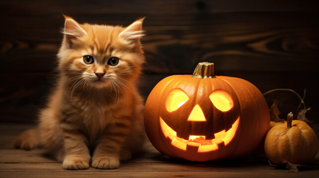 ginger kitten and halloween pumpkin