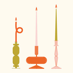 Naklejka premium Set of long candles in glass candlesticks. Trendy home design illustration. Hand drawn vector background.