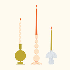 Set of long candles in glass candlesticks. Trendy home design illustration. Hand drawn vector background.