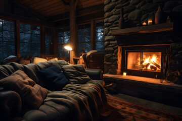 Rustic Retreat. Cozy Cabin Interior with a Crackling Fireplace and Plush Throws - obrazy, fototapety, plakaty