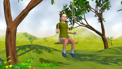 Motion of the swing which is attached to tree 3D Illustration