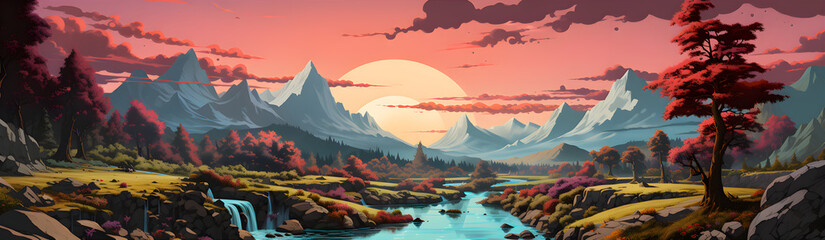 Mountain Valley With A Flowing River.  Illustration O - obrazy, fototapety, plakaty