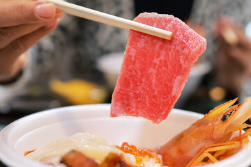 Closeup fresh Tuna sashimi or Maguro Otoro chutoro, premium raw fish of Japan. Japanese foods...