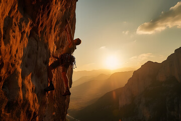 Rock Climbing Challenge. A Climber Scaling a Sheer Cliff Face - obrazy, fototapety, plakaty