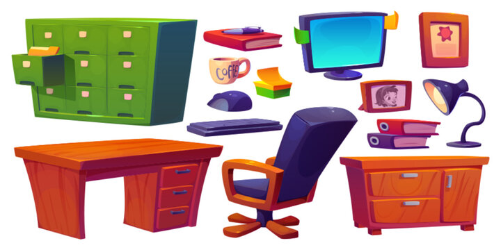 Detective office furniture set isolated on white background. Vector cartoon illustration of police station room design elements, desk, armchair, drawer with case folders, computer, lamp, photo frame