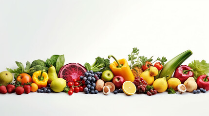 different colored fruits row on white background.
