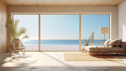 Obraz premium bright interior of a livingroom with a large window and a view of the sea and the beach.