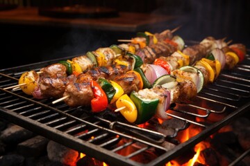 closeup of barbecue grill with sizzling food