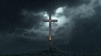 Naklejka premium a glowing cross against a gloomy sky concept faith religion.