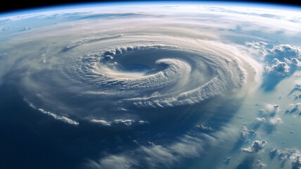 cyclone funnel of a hurricane on the surface of the planet view from space, weather forecast. - obrazy, fototapety, plakaty