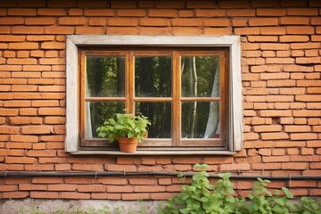 Fototapeta na wymiar close-up of a farmhouses brick wall with a wooden window frame