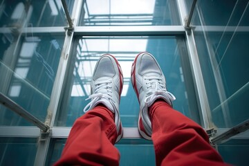 sneakers stepping on a glass ceiling - obrazy, fototapety, plakaty