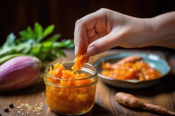 hand holding up a spoonful of fermented carrots and ginger