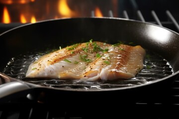 glistening fish piece on non-stick skillet with remaining glaze