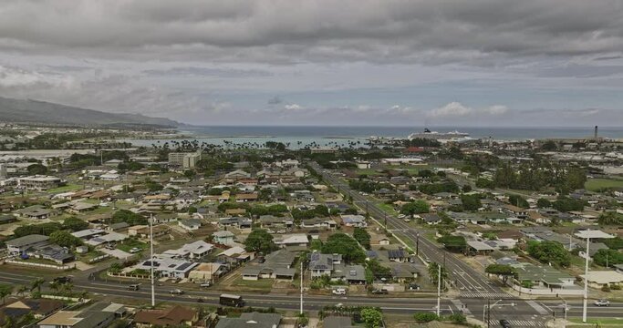 Kahului Maui Hawaii Aerial v6 flyover town center along Lono Avenue towards harbor capturing townscape, cruise ship at Hobron point and expansive ocean views - Shot with Mavic 3 Cine - December 2022