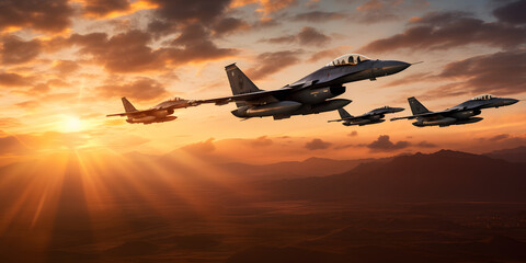 Sunset Patrol. A Formation of Military Jets Soaring across the Sky - obrazy, fototapety, plakaty