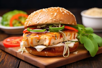 glazed fish burger on whole-grain bun