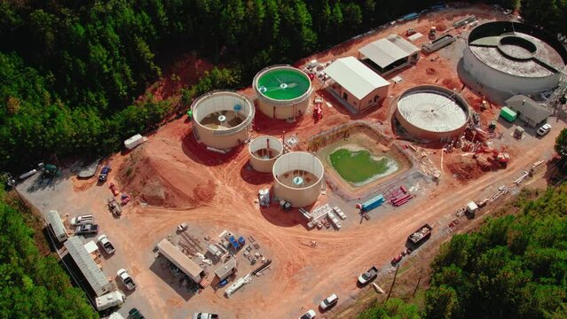 top lids open of tanks Waste Water Treatment Plant. Real time water filtration
