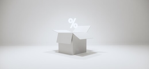 Percent and opened box. Background for fashion and product presentations.