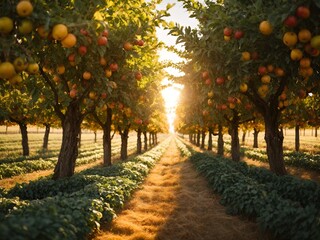 Naklejka premium Peak of Harvest: Vibrant Fruit Farm with Rows of Sun-Kissed Trees Extending to the Horizon
