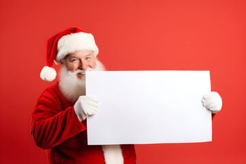 Naklejka premium Happy Santa Claus holding blank advertisement banner red background with copy space. Smiling Santa Claus pointing in white blank sign