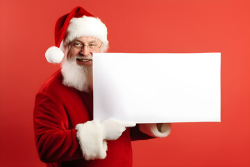Naklejka premium Happy Santa Claus holding blank advertisement banner red background with copy space. Smiling Santa Claus pointing in white blank sign