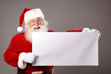 Naklejka premium Happy Santa Claus holding blank advertisement banner grey background with copy space. Smiling Santa Claus pointing in white blank sign