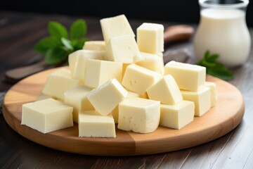 pile of lactose-free cheese cubes on a board