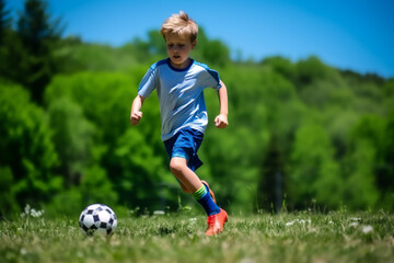 boy playing soccer on a green grass field outdoors on a sunny day
