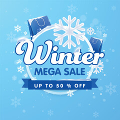 Winter mega sale unit template with snowflakes and shopping bags.