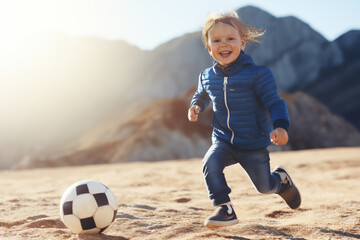 smiling boy playing with a soccer ball in the sand on a sunny day