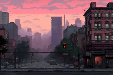 city illustration with pink sky at sunset and red traffic light - obrazy, fototapety, plakaty