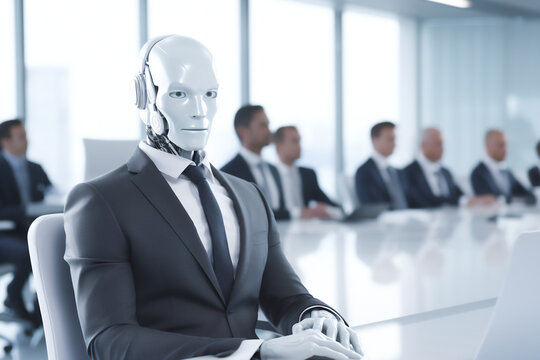 bright white material robot dressed in executive suit in a meeting