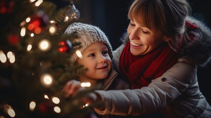 Mother and child decorate the Christmas tree with fairy lights.