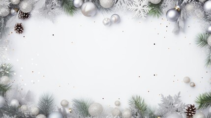 Merry Christmas wreath made of white and silver decorated fir trees, sparkles and confetti on white background.