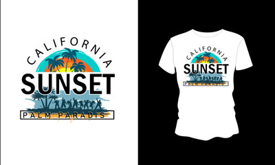 California Sunset Palm Paradise illustration t-shirt design. Summer.