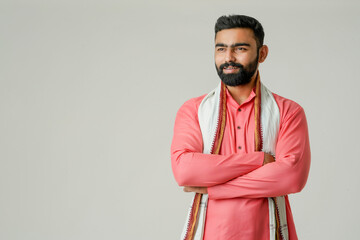 Young indian farmer giving expression on white background.