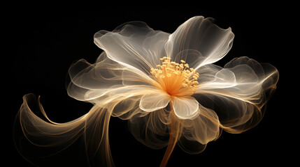 Golden x-ray image of an ethereal flower on black.