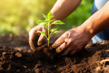 man's hands planting a small tree in the ground