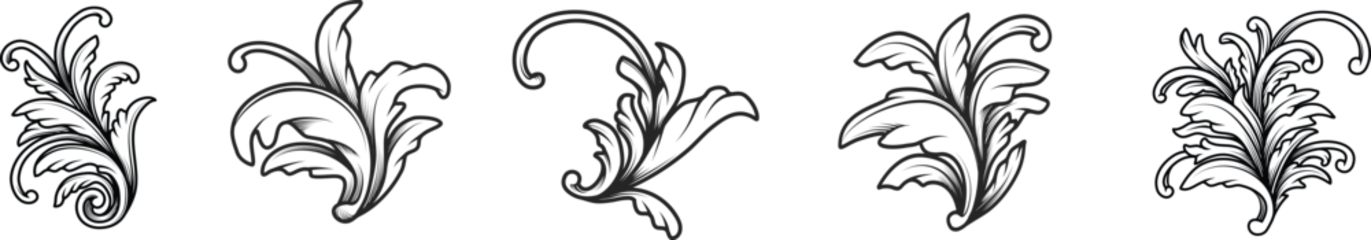 Fotobehang Luxury Vintage Baroque calligraphic Victorian frame border floral ornament scroll leaf engraved retro pattern decorative design black and white. Flourish filigree element vector  © artvector-23