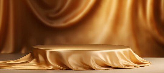 Golden luxurious fabric or cloth placed on top pedestal shelf on gold background for luxury product concept - obrazy, fototapety, plakaty