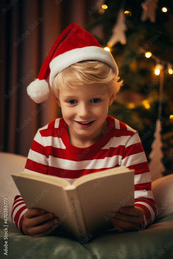 Wall mural little child reading a book in christmas