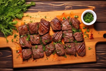 flat lay of garlic bbq steak tips with fresh herbs