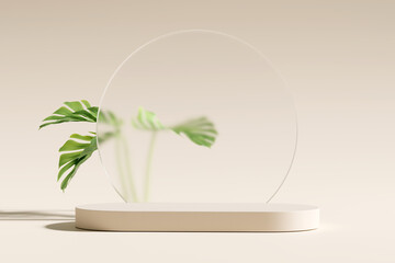 Blank brown product display podium with monstera leaf . 3d rendering	
