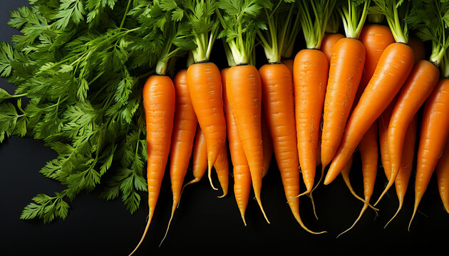 Vibrant orange carrots aligned neatly with lush green tops spread out, set against a dark contrasting background