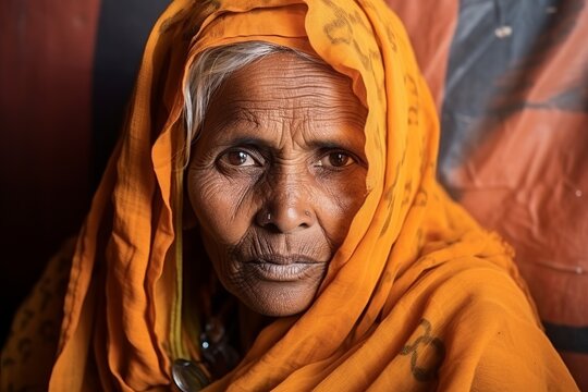 Old indian woman in orange sari sitting in her home, India