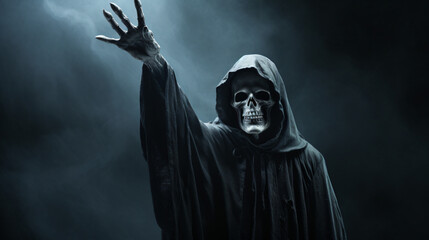 Fototapeta na wymiar Grim Reaper reaching towards the camera over dark background.